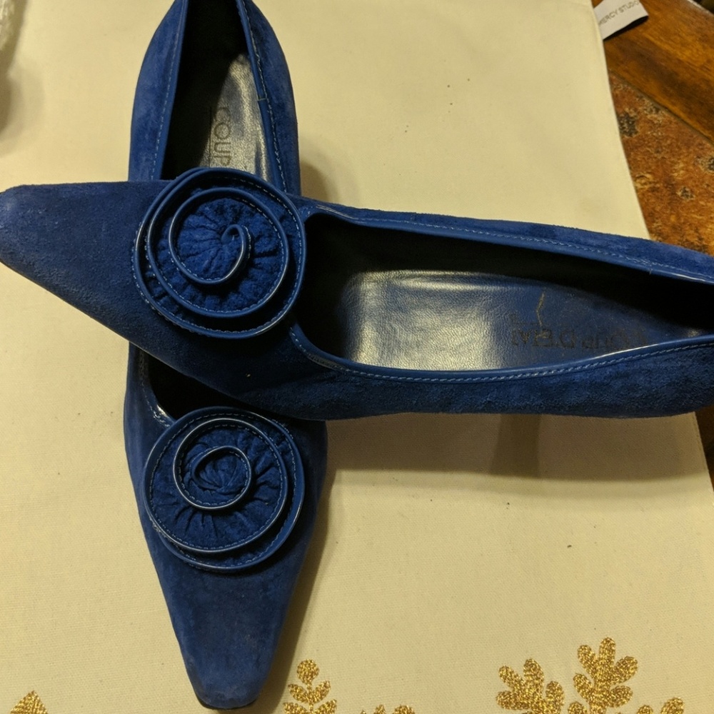 "Blue suede shoes" Blue leather man made material